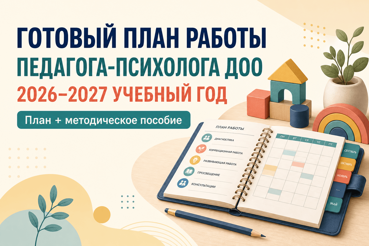 План работы педагога-психолога ДОУ на 2026–2027 учебный год с учётом изменений с 1 сентября 2026 года. Готовые таблицы и приложения. Скачать в Word.