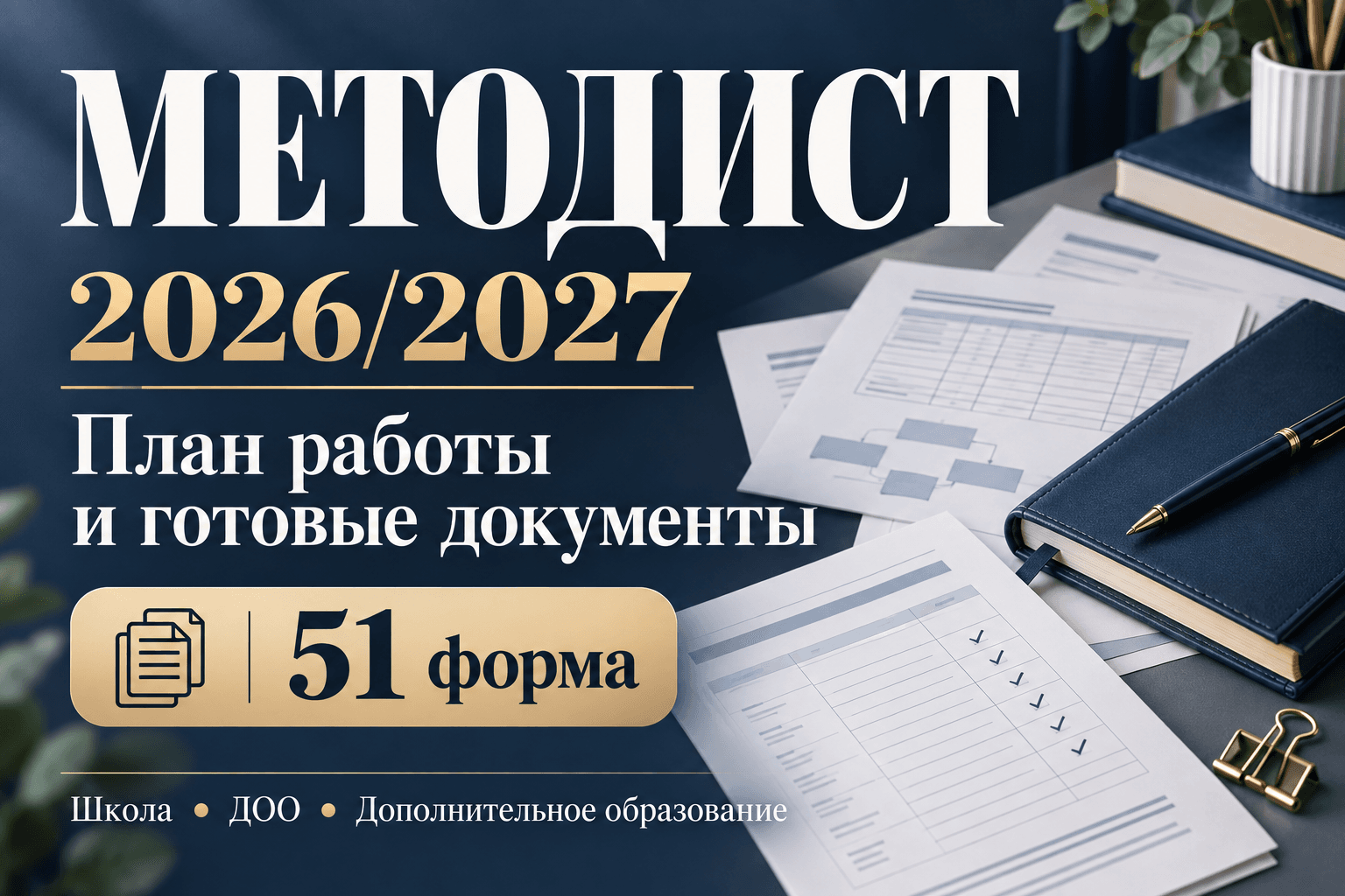 Правовой статус методиста, навигатор документов с пятью статусами, годовой план на август 2026 — июнь 2027 года, циклограмма, диагностика профессиональных затруднений, наставничество, посещение занятий и банк практик. Методическое пособие и 51 редактируемая форма DOCX с приложениями для школы, ДОО и дополнительного образования.
Методист образовательной организации на 2026/2027 учебный год: план, циклограмма и готовые документы
План работы методиста на 2026/2027 учебный год: циклограмма, формы и документы методиста школы, ДОО и дополнительного образования